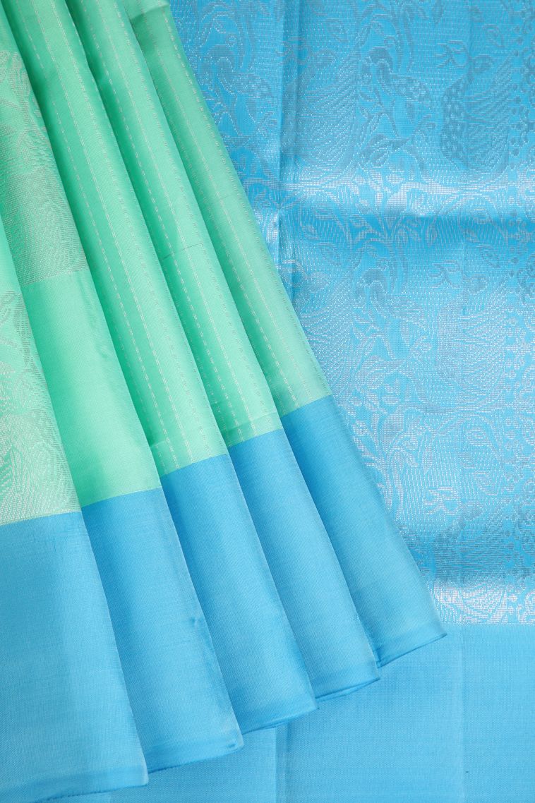 Mint Green Soft Silk Saree with Silver Zari Animal  Mottif view 1