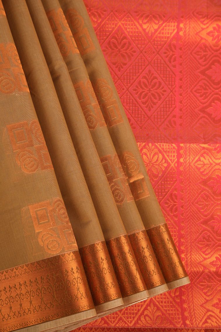 Peanut Brown Silk Cotton with Gold Zari Geometric Shapes