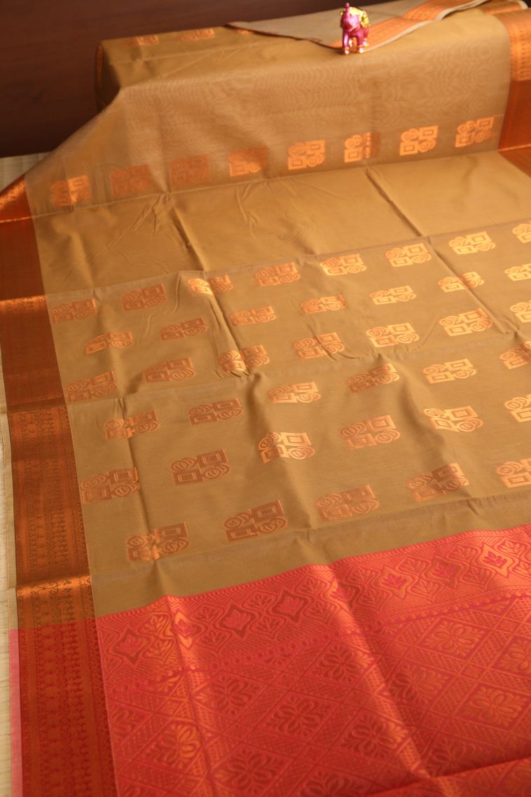 Peanut Brown Silk Cotton with Gold Zari Geometric Shapes view 2
