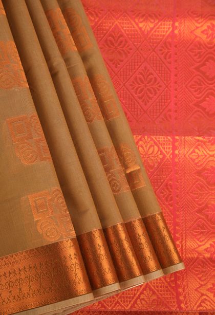 Peanut Brown Silk Cotton with Gold Zari Geometric Shapes