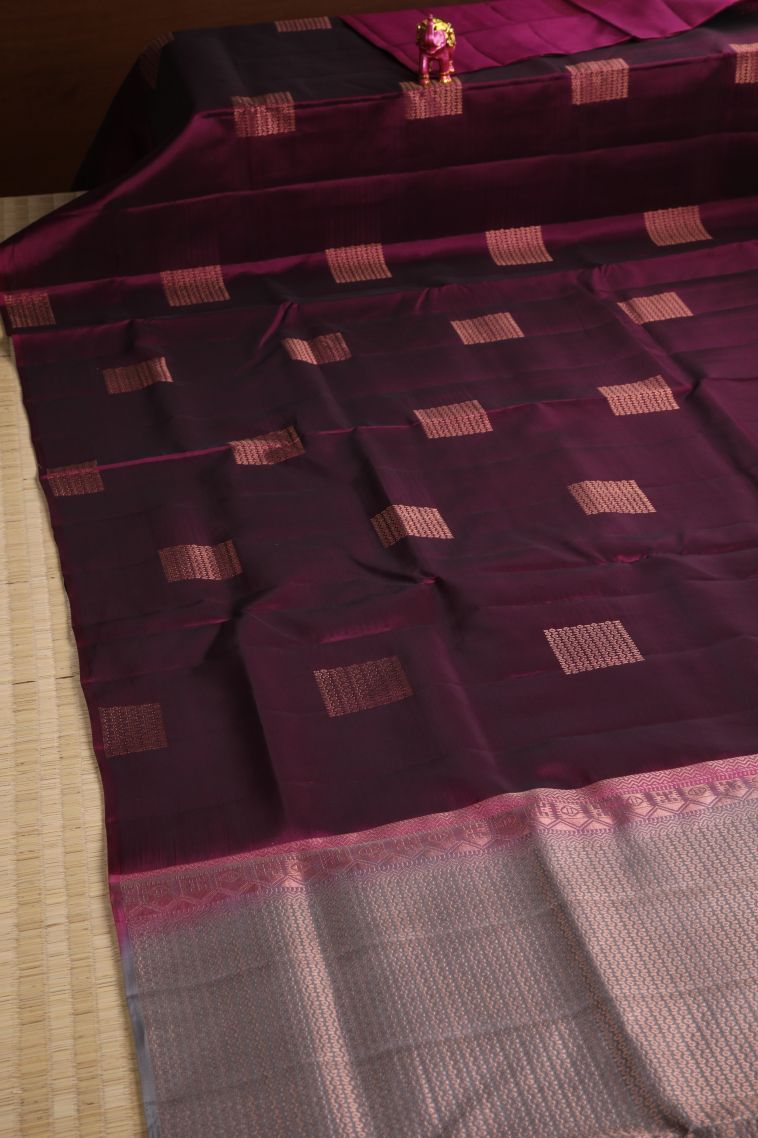 Jam Purple Soft Silk Saree with Copper Zari Geometric Shapes view 2