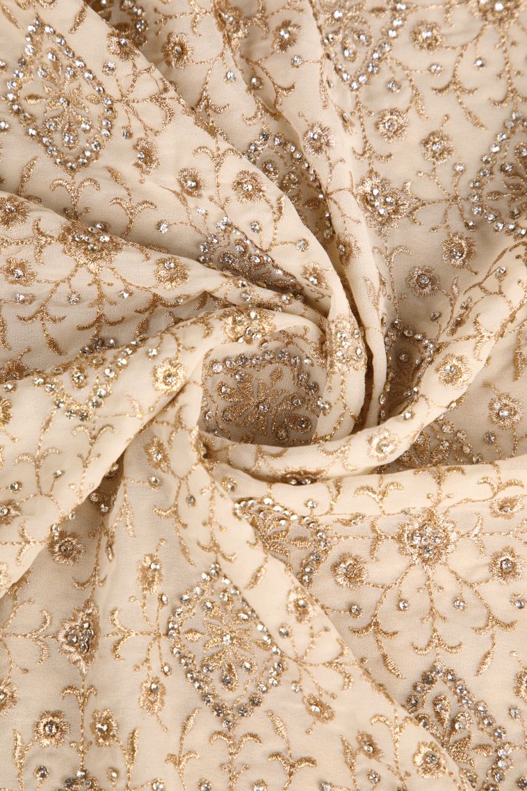 Chiffon White Designer Sarees with Gold Zari Stone Work view 4