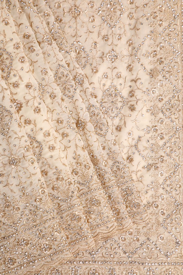 Chiffon White Designer Sarees with Gold Zari Stone Work view 1