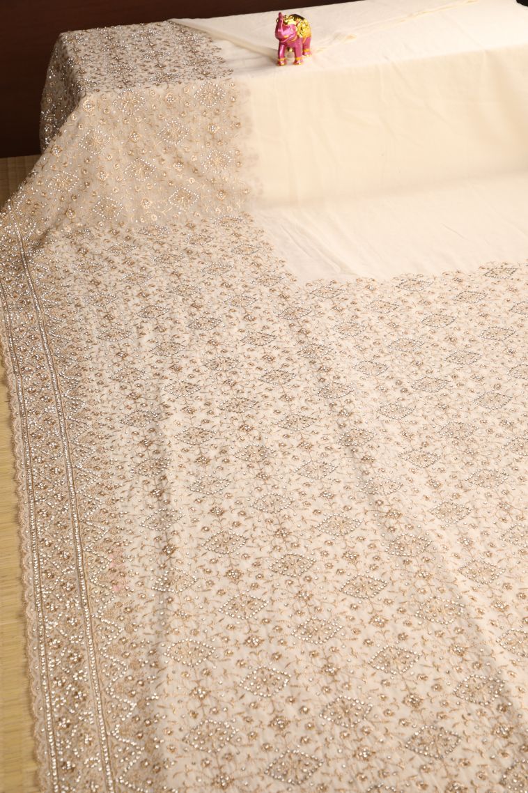 Chiffon White Designer Sarees with Gold Zari Stone Work view 2