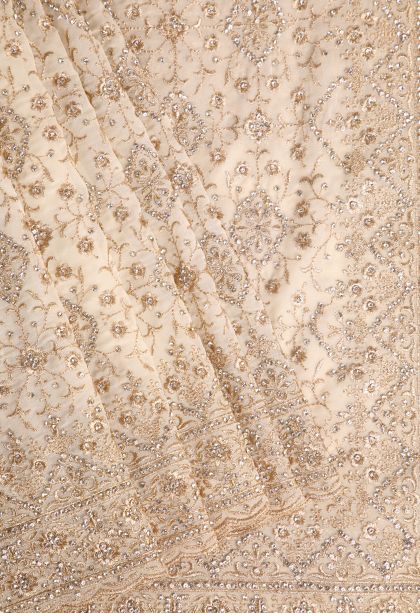 Chiffon White Designer Sarees with Gold Zari Stone Work