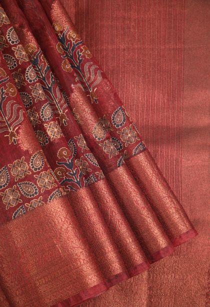Berry Red Jute Sarees with Antic Zari Floral Patterns