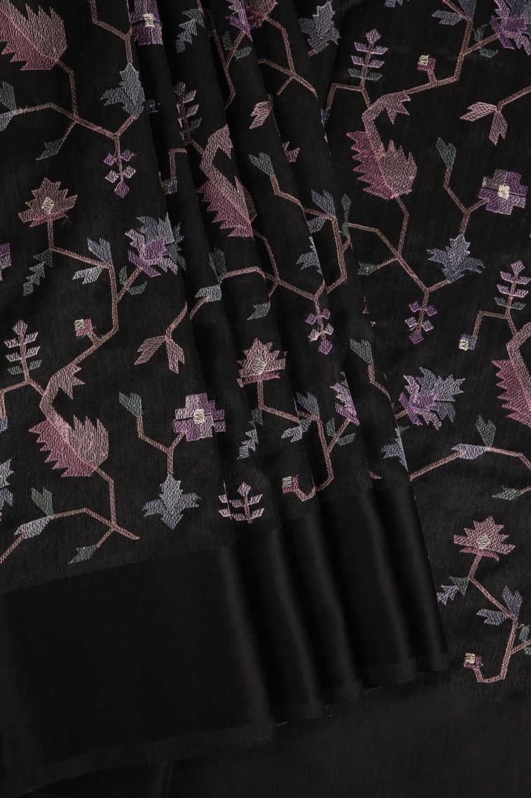 Asphalt Black Jute Sarees with Without Zari Zari Floral Patterns view 1