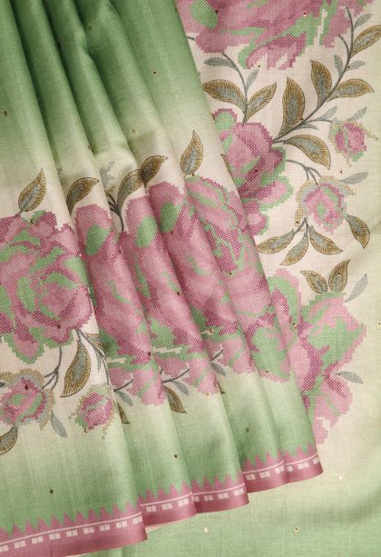 Mint Green Tussar Saree with Without Zari Zari Mirror Jamiki Puttas
