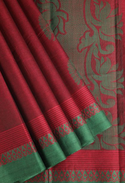 Crimson Red Chettinad Cotton Sarees with Thread Zari Floral Puttas