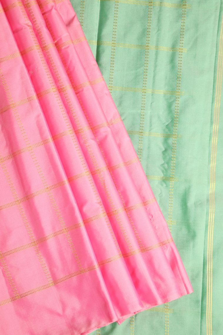 Rose Pink Soft Silk Saree with Gold Zari Checks