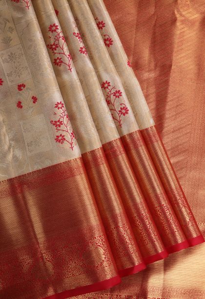 Coconut White Tissue Silk Sarees with Gold Zari Floral Patterns