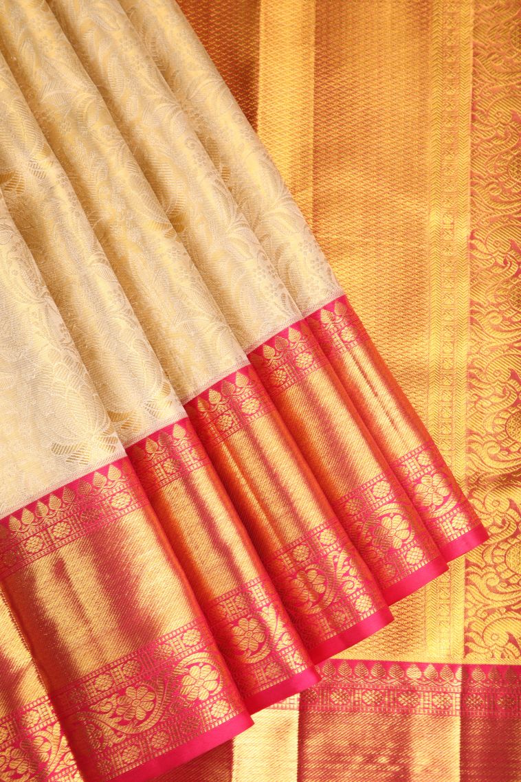 Cream White Kanchipuram Silk Sarees with Gold Zari Floral Patterns view 1