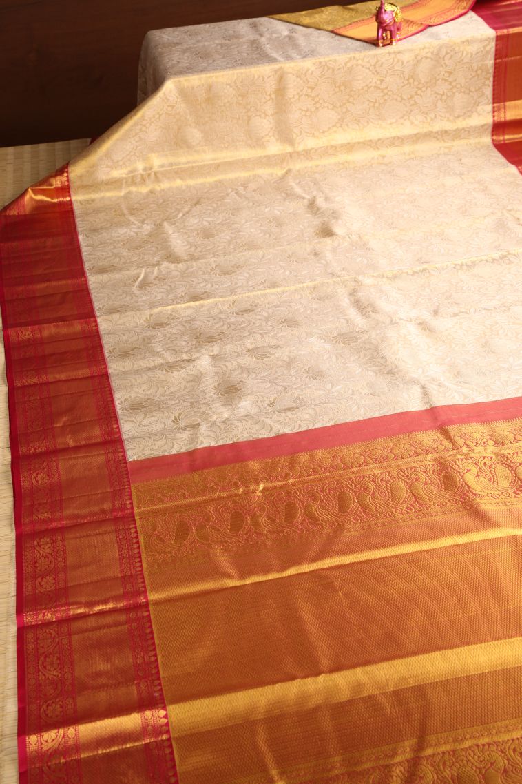 Cream White Kanchipuram Silk Sarees with Gold Zari Floral Patterns view 2