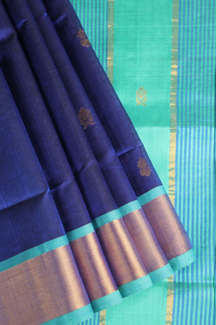Azure Blue Silk Cotton with Gold Zari Buttis (small Dots Or Motifs) view 1