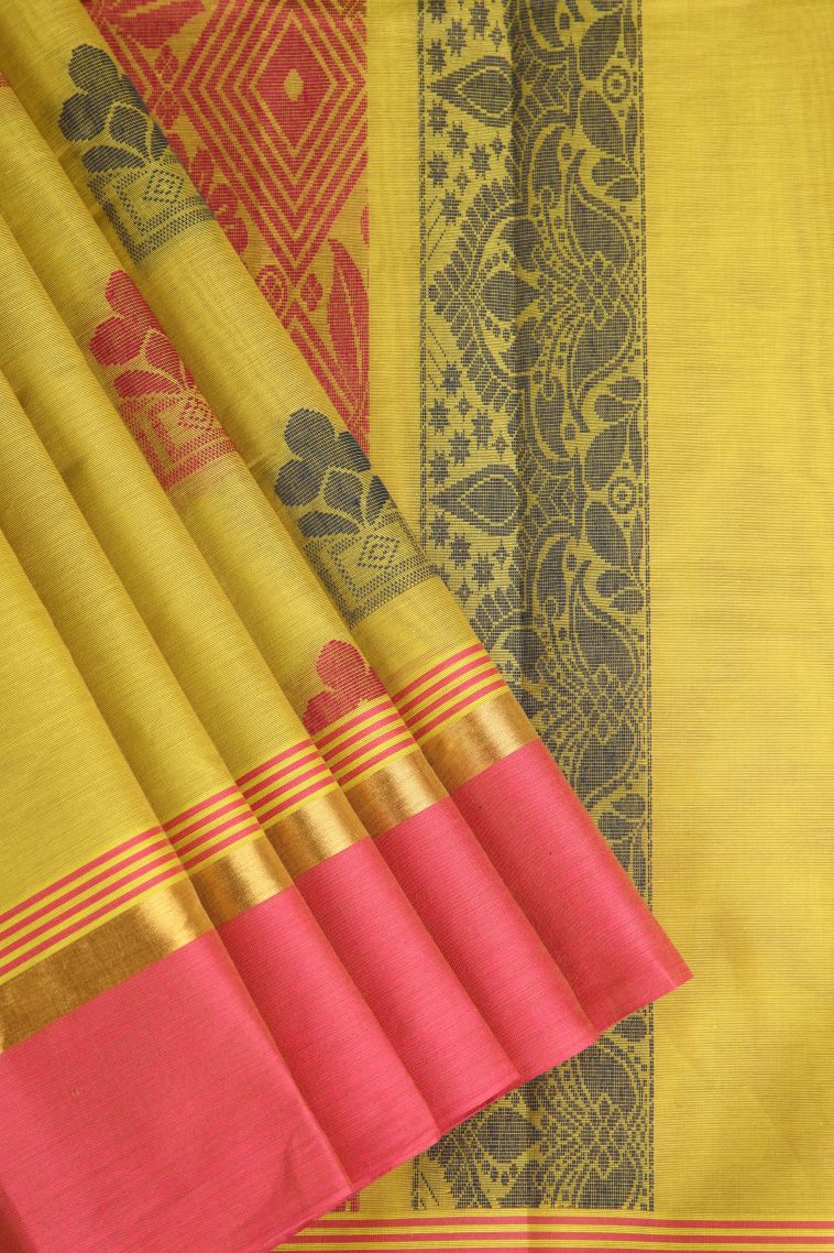 Lemon Yellow Chettinad Cotton Sarees with Without Zari Zari Floral Puttas view 1
