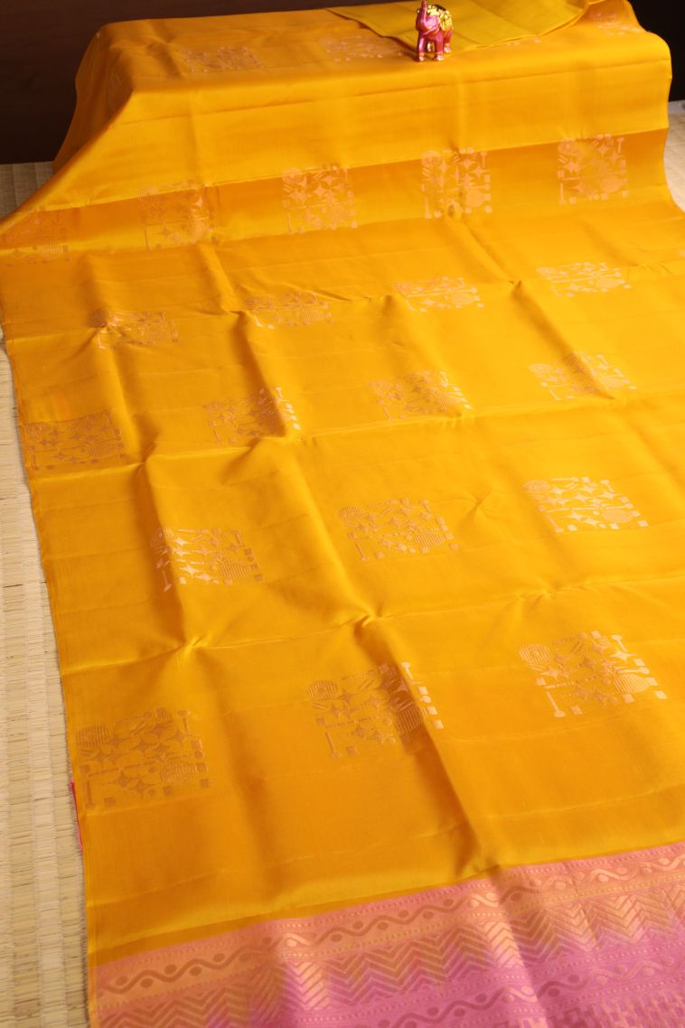 Honey Orange Soft Silk Saree with Copper Zari Geometric Shapes view 2