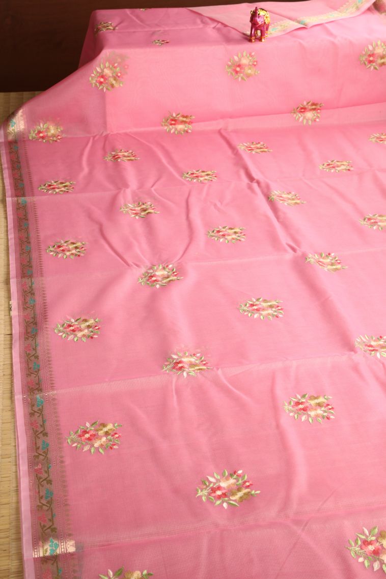 Ballet Pink Manipuri Cotton Sarees with Gold Zari Embroidary view 2