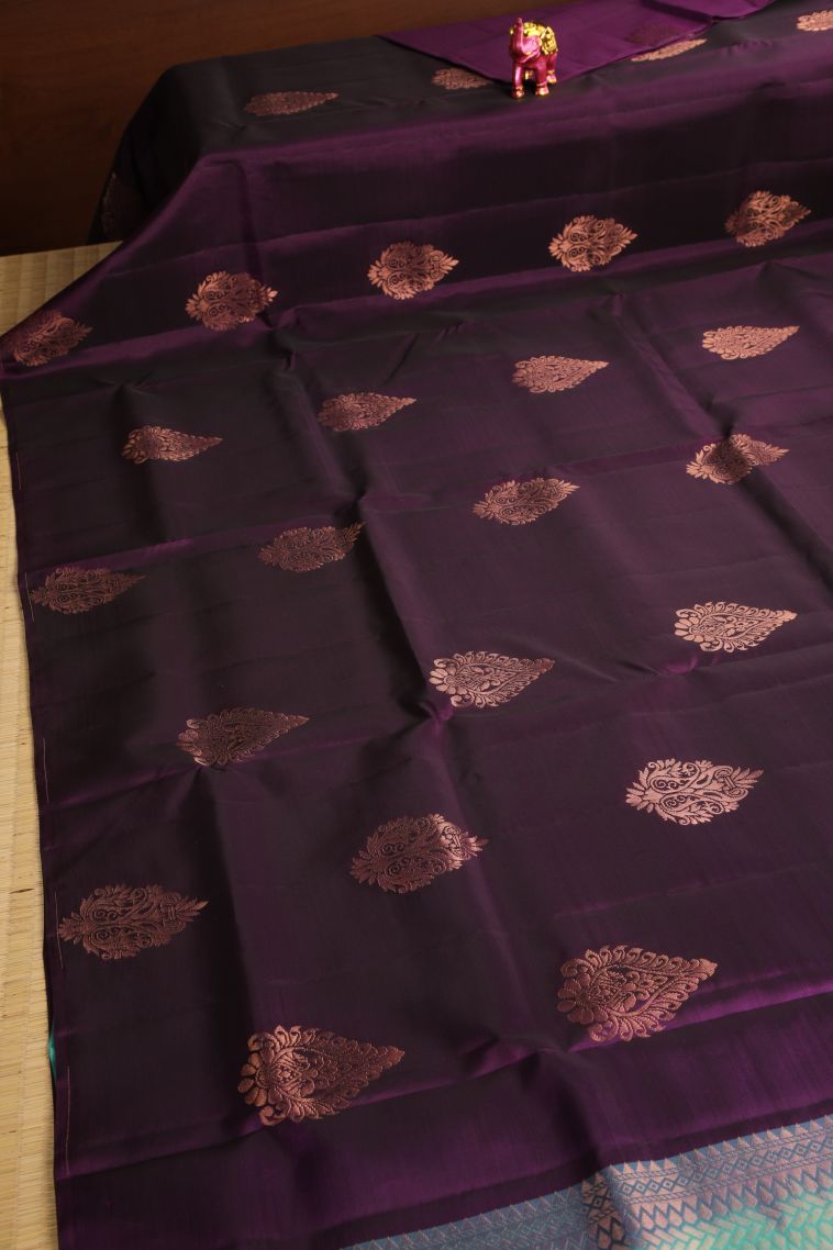 Jam Purple Soft Silk Saree with Copper Zari Floral Puttas view 2