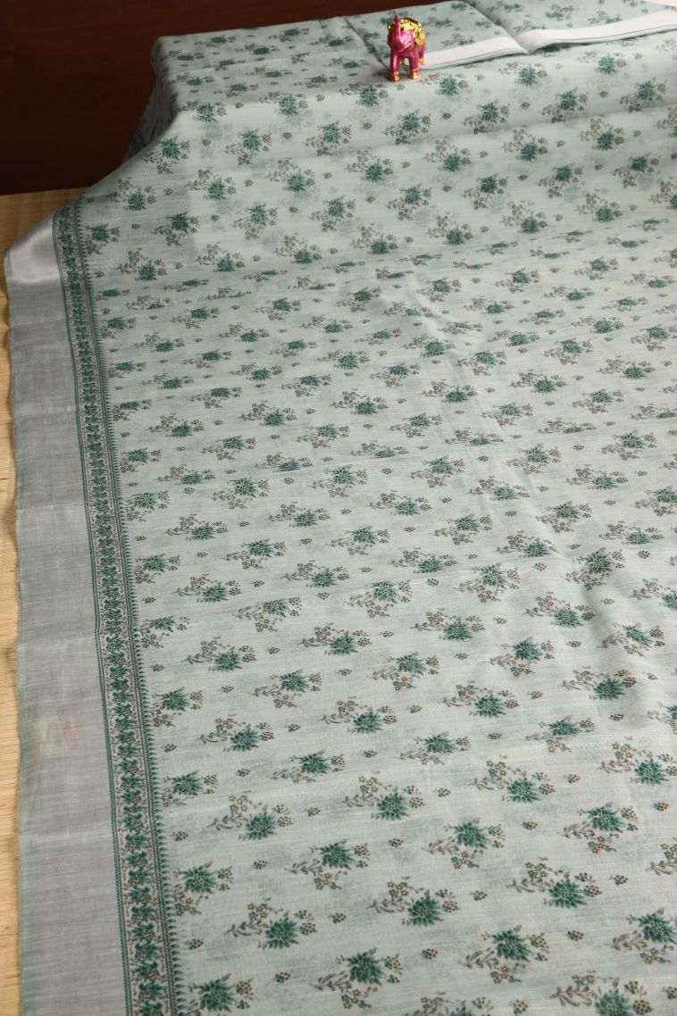 Sapphire Blue Tussar Cotton Sarees with Silver Zari Floral Patterns view 2