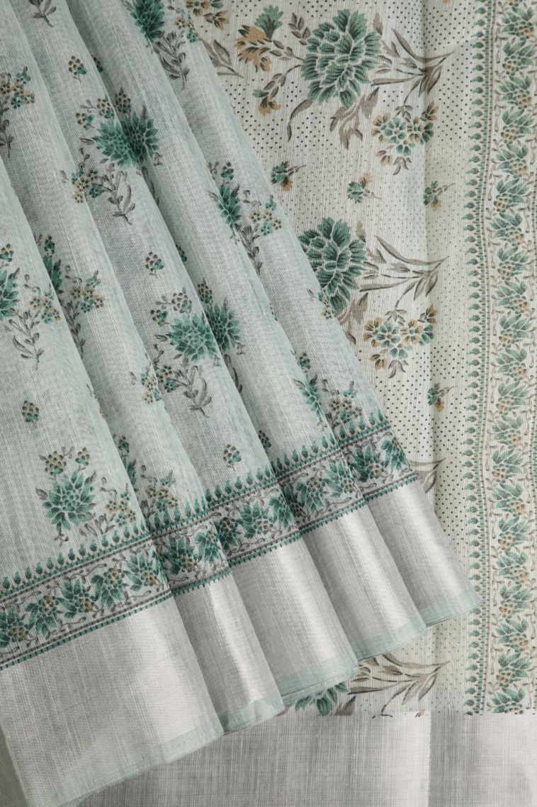 Sapphire Blue Tussar Cotton Sarees with Silver Zari Floral Patterns view 1