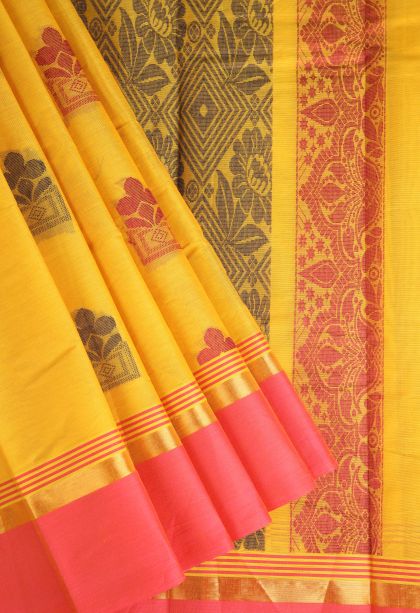 Honey Orange Chettinad Cotton Sarees with Without Zari Zari Floral Puttas