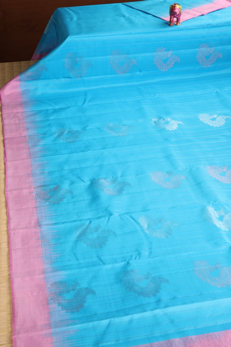 Sky Blue Soft Silk Saree with Gold Zari Peacock Motifs view 2