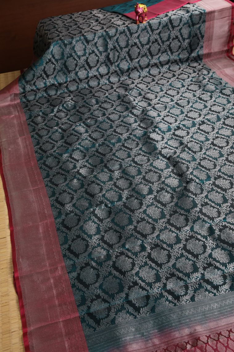 Aegean Blue Soft Silk Saree with Silver Zari Floral Patterns view 2