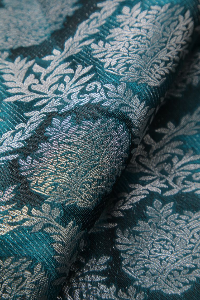 Aegean Blue Soft Silk Saree with Silver Zari Floral Patterns view 4