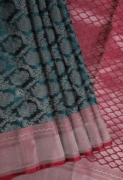 Aegean Blue Soft Silk Saree with Silver Zari Floral Patterns
