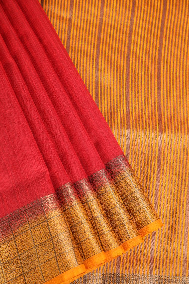 Candy Red Semi Tussar Silk with Gold Zari Plain view 1