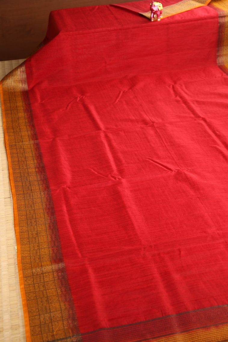 Candy Red Semi Tussar Silk with Gold Zari Plain view 2