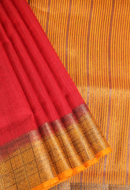 Candy Red Semi Tussar Silk with Gold Zari Plain