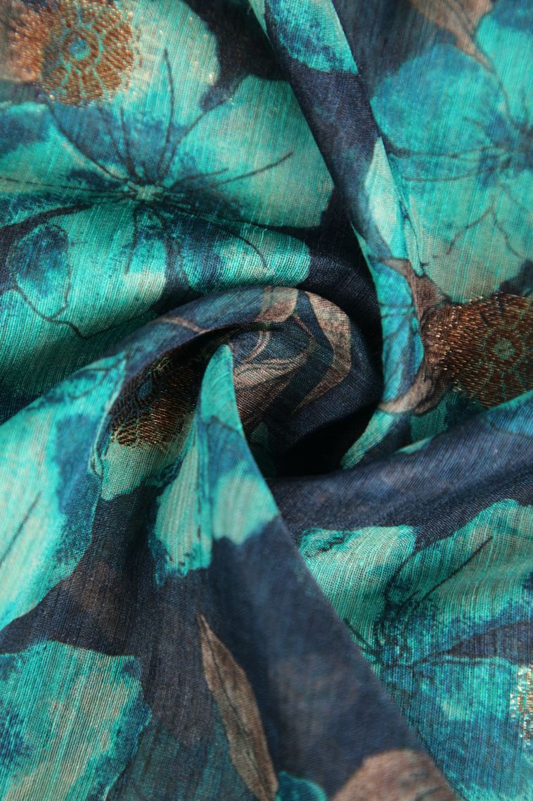 Denim Blue Jute Cotton Sarees with Antic Zari Floral Patterns view 4