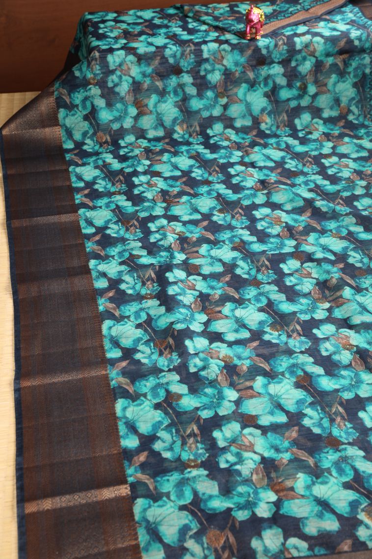 Denim Blue Jute Cotton Sarees with Antic Zari Floral Patterns view 2
