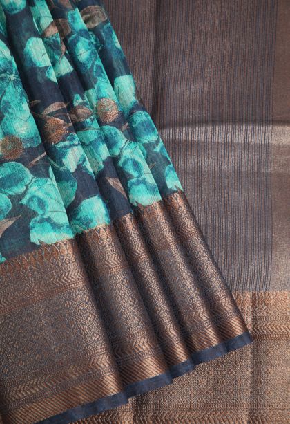 Denim Blue Jute Cotton Sarees with Antic Zari Floral Patterns