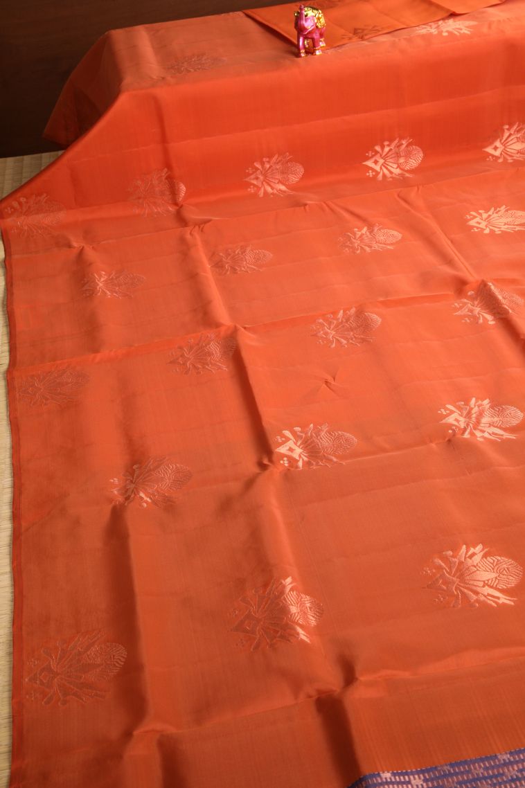 Fire Orange Soft Silk Saree with Copper Zari Floral Puttas view 2