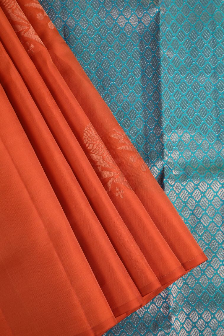 Fire Orange Soft Silk Saree with Copper Zari Floral Puttas view 1