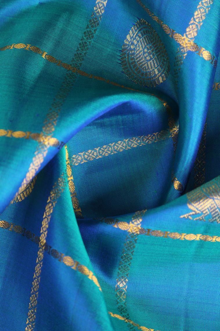Cerulean Blue Kanchipuram Silk Sarees with Gold Zari Peacock And Rudhractam view 4