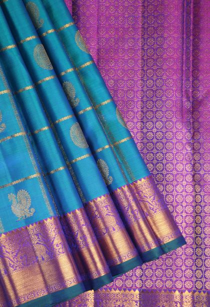Cerulean Blue Kanchipuram Silk Sarees with Gold Zari Peacock And Rudhractam