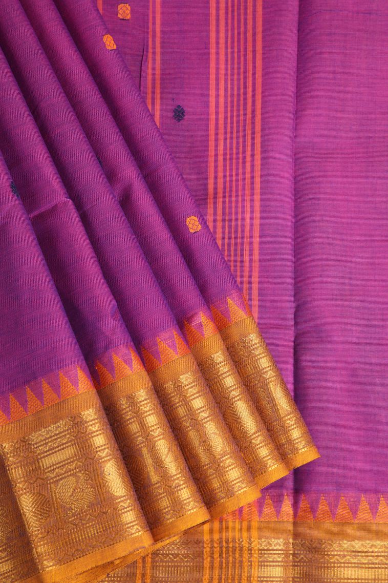 Bubblegum Pink Chettinad Cotton Sarees with Gold Zari Buttis (small Dots Or Motifs) view 1