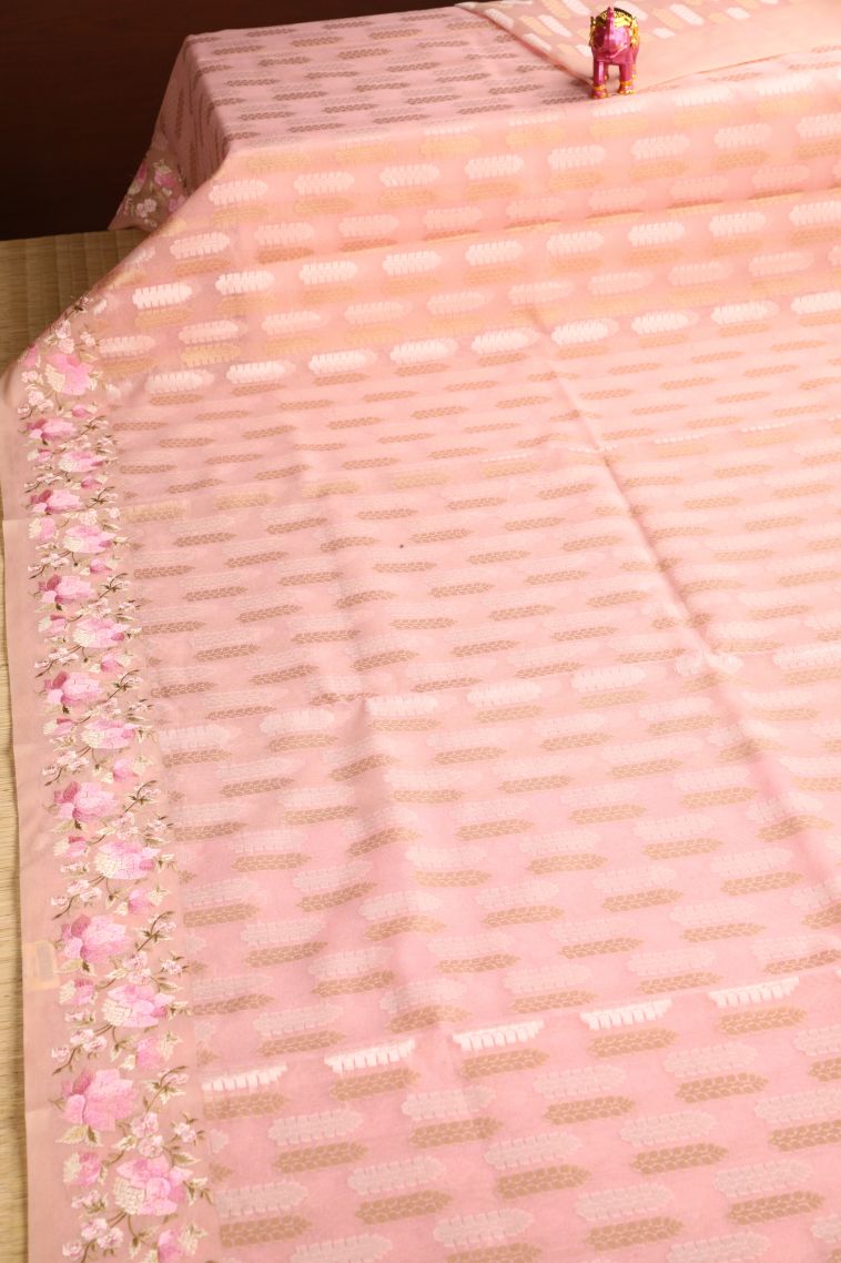 Peach Pink Organza Saree with Without Zari Zari Floral Patterns view 2