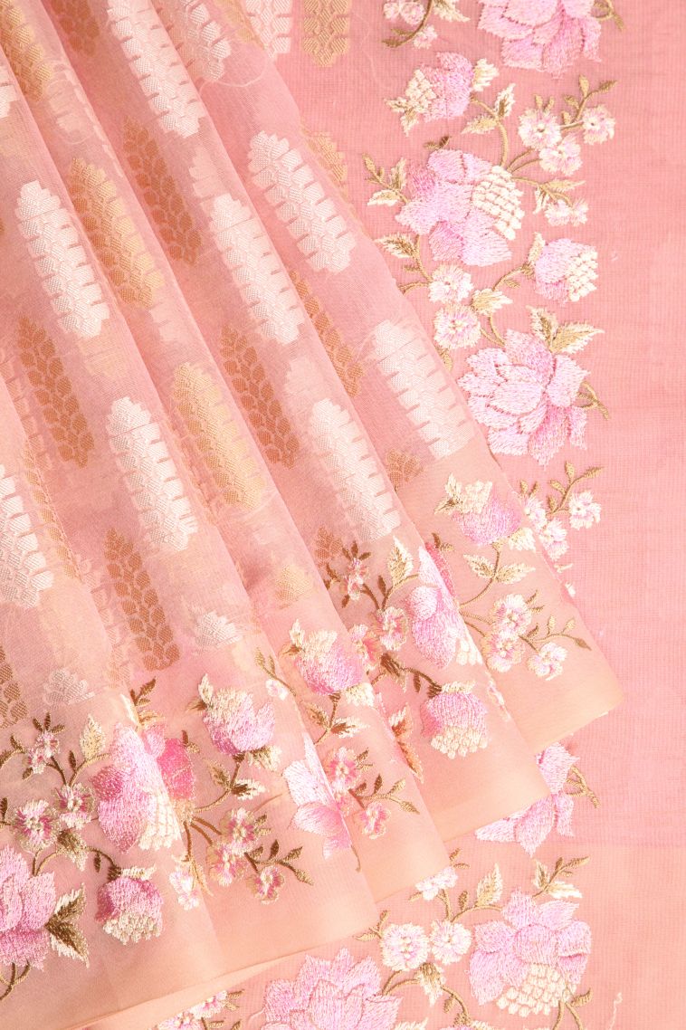 Peach Pink Organza Saree with Without Zari Zari Floral Patterns view 1