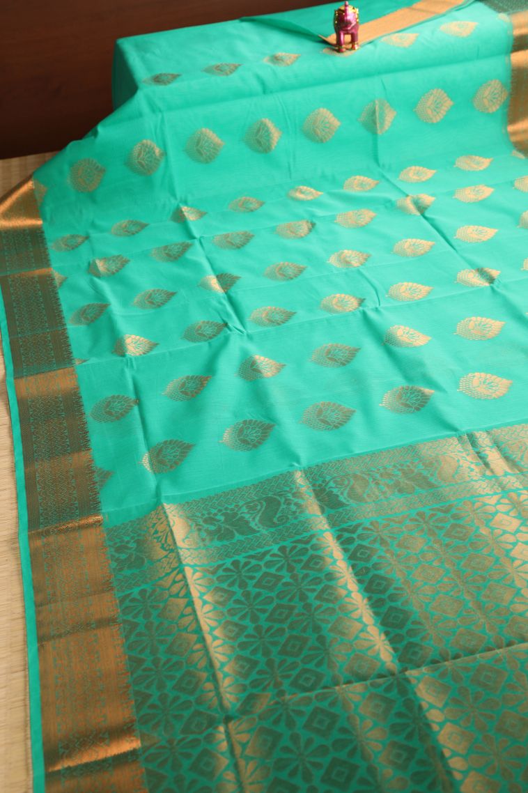 Mint Green Silk Cotton with Gold Zari Thilagam Puttas view 2