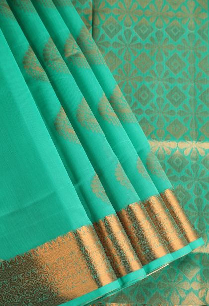 Mint Green Silk Cotton with Gold Zari Thilagam Puttas