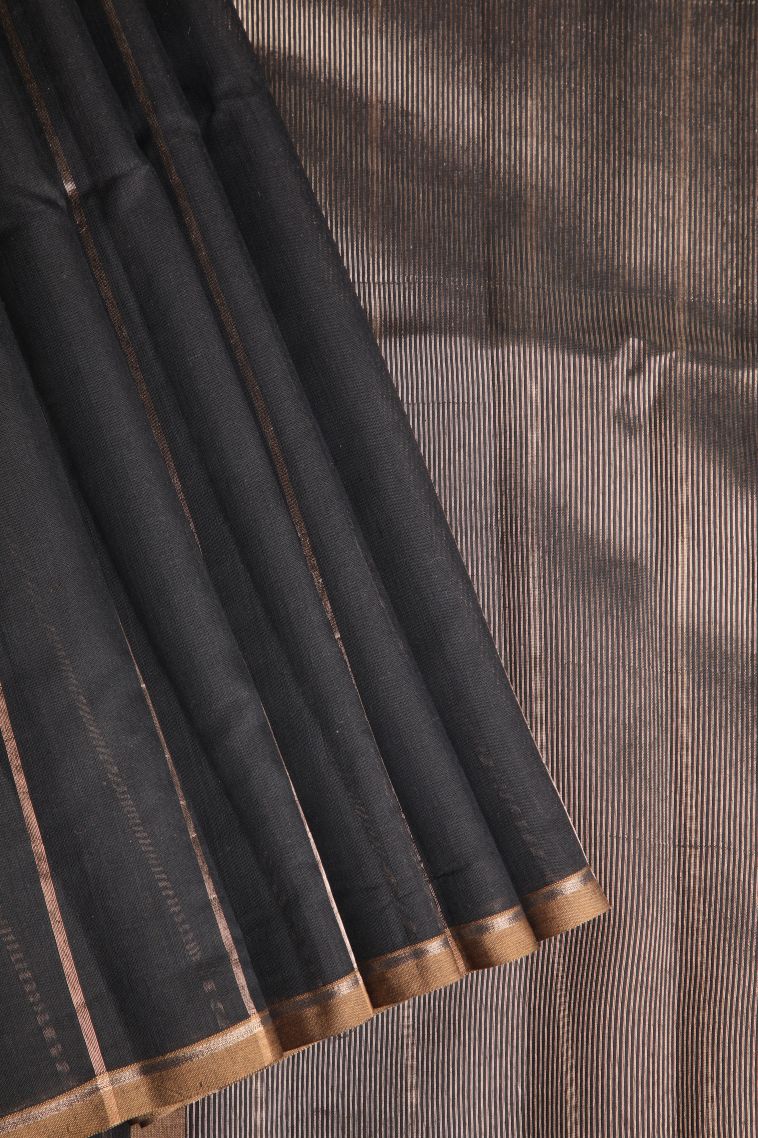 Asphalt Black Semi Tussar Silk with Gold Zari Stripes view 1