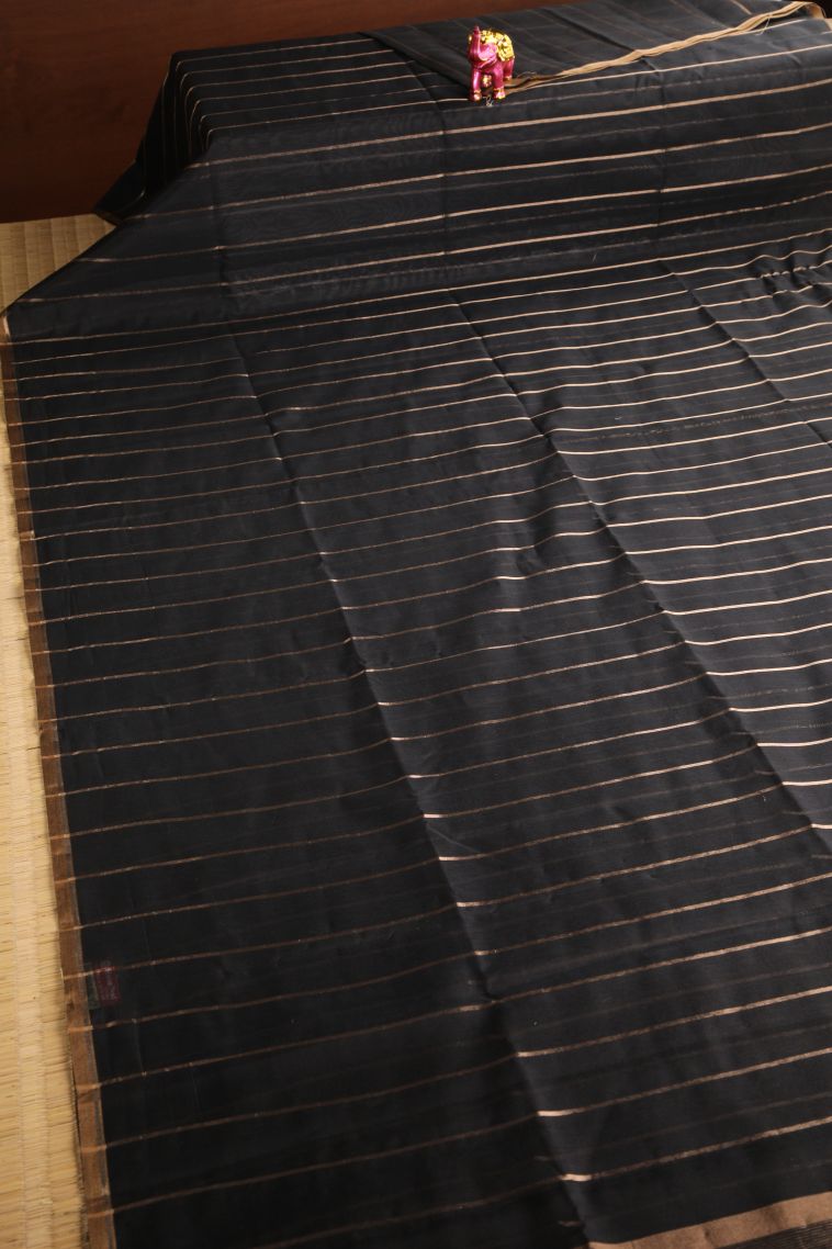 Asphalt Black Semi Tussar Silk with Gold Zari Stripes view 2