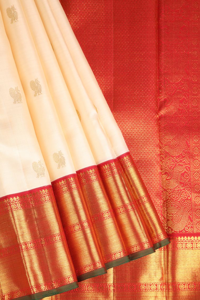 Ivory White Kanchipuram Silk Sarees with Gold Zari Peacock And Rudhractam view 1