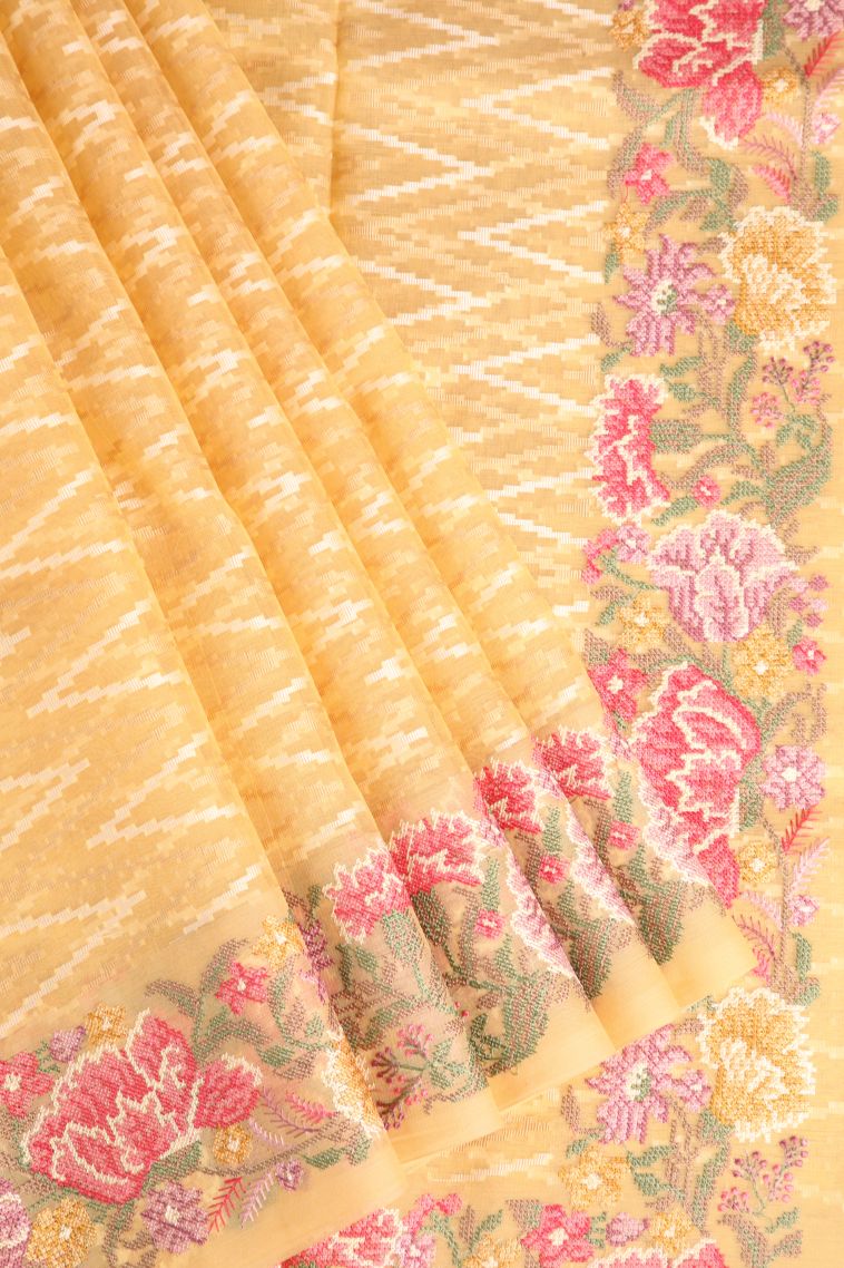 Macaroon Yellow Organza Saree with Multy Colour Zari Geometric Shapes view 1