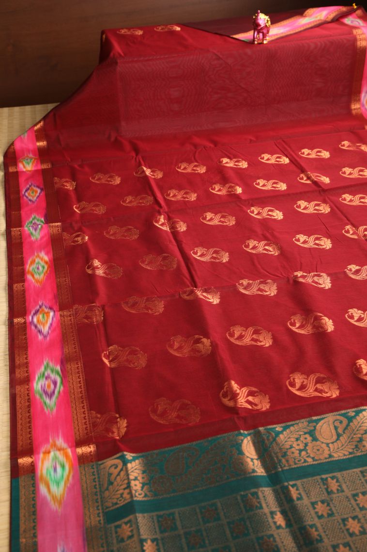 Cherry  Red Silk Cotton with Gold Zari Floral Puttas view 2