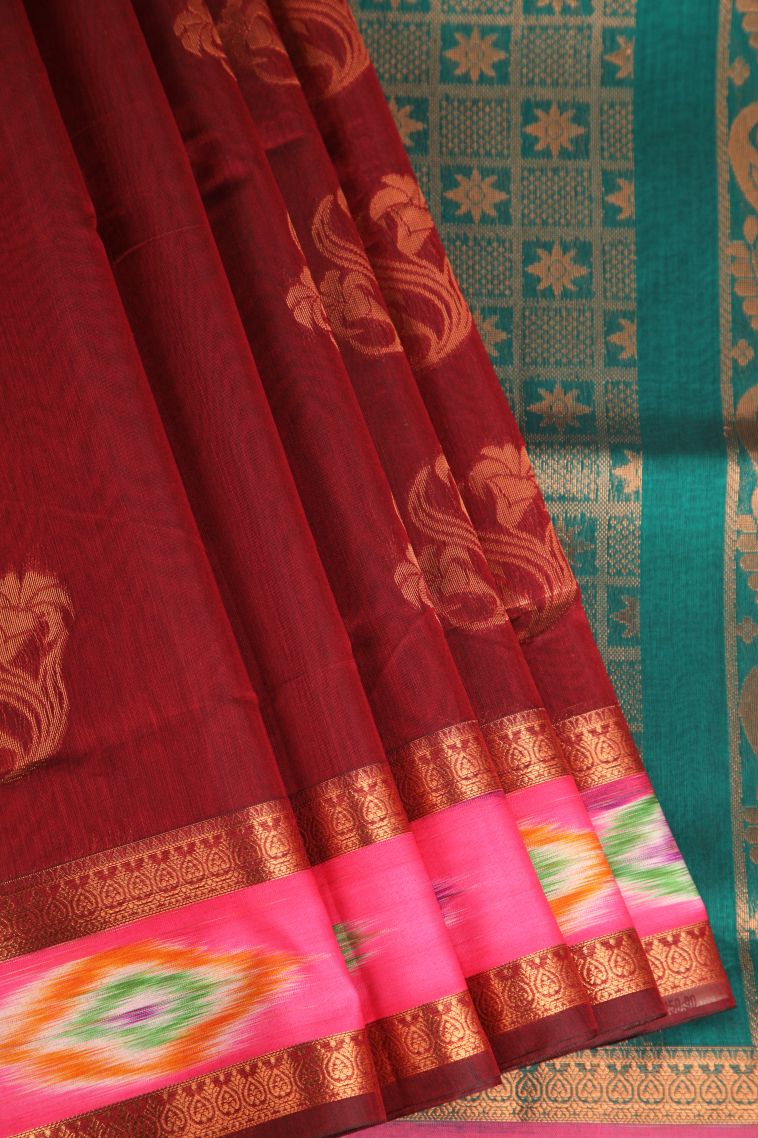 Cherry  Red Silk Cotton with Gold Zari Floral Puttas